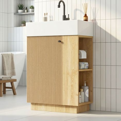 Meuble de Salle de Bain 55 cm Naturel Cannelé avec Vasque Céramique, Dérouleur Papier Toilette Inclus et Portes Soft-Close, Idéal Petit Espace (1/5)