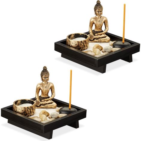 2x Giardino Zen, con Buddha, Pietre, Sabbia, Porta Incenso & Portalumino, Rilassante, Decorazione Feng Shui, nero