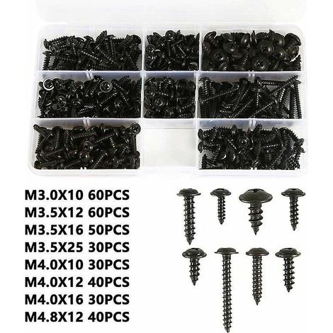 340pcs Vis  Tle Noire Autoperante,vis Autotaraudeuse En Acier Au Carbone Inoxydable Vis  Tte Plate Kit De Fixation Du Bois Cross-head Taille: M3.0