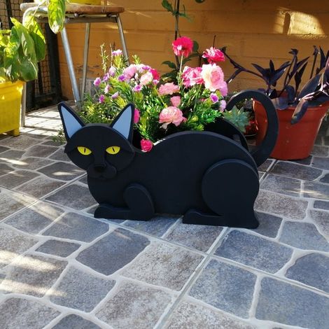 PVC-Blumentopf in Katzenform mit mehrfarbiger Dekoration, 32 x 19 x 14 cm, für Pflanzen und zur Aufbewahrung [Blumentopf + Katzenform]