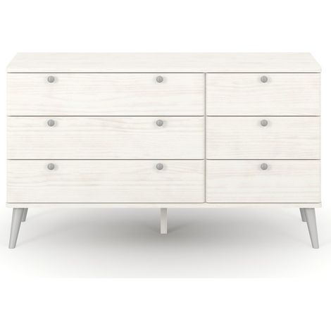 Augusta Curve 3+3 Drawer Wide Chest - Pine/Plastic - L39.5 x W119.3 x H73.6 cm - White/Silver - Flat Packed