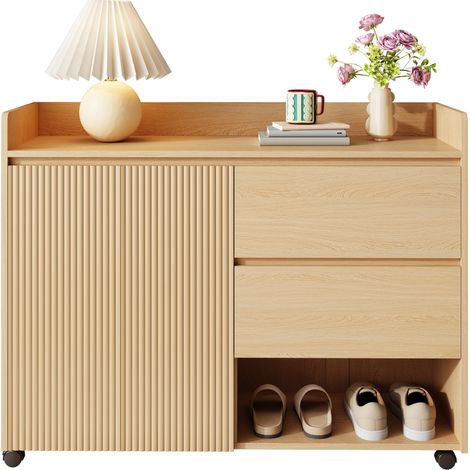 Meuble à chaussures mobile avec roulettes freinées, étagères réglables, tiroirs et portes à charnières amorties, finition bois clair - CHICFURN (1/5)