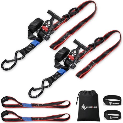 Sangle à Cliquet Moto Remorque - 800 kgf Rupture en 12195-2 - Sangles d’Arrimage avec Crochets en S - Transport Moto Quad ATV Bateau + 2 Boucles Souples 30 cm + Sac - Lot de 2 x 1,9 m (1/5)