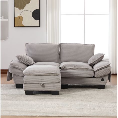 2-Sitzer-Sofa 190x132x84 cm aus hellgrauem Cordstoff mit Hocker – MEUBLIV (1/5)