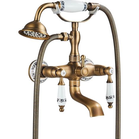 Robinet Baignoire Mural Antique avec Douche pour Salle de Bains, Ensemble Vintage avec Pommeau, 2 Boutons Porcelaine Bleu et Blanc, Support et Flexible 1.5M, Bronzé (1/5)