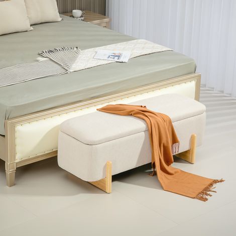 Sgabello con vano contenitore, panca imbottita in schiuma, simil lino, 111 x 44 x 44,5 cm, bianco crema