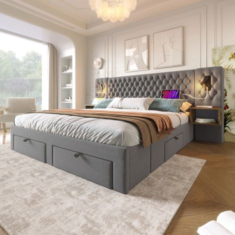 Ensemble complet, lit en tapis lit double 160×200 cm avec 2 tables de nuit et 4 tiroirs, lampe de lecture avec chargement USB, gris, velvet (avec matelas)