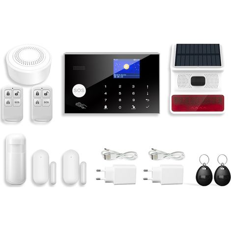 Kit alarme sans fil – Centrale 2,5'' USB – Sirènes 90 dB intérieure et 100 dB solaire – Détecteur de mouvement et capteurs d'ouverture inclus – Link2Home