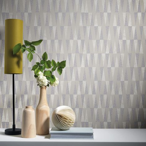 Papier peint géométrique beige & argenté | Tapisserie originale graphique chambre & salon | Papier peint motif triangle bureau (1/4)