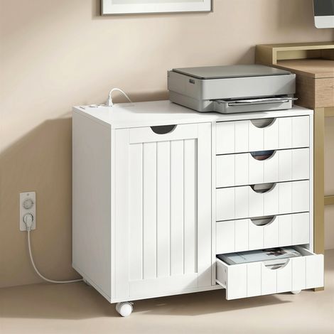Meuble pour imprimante avec station de charge, roulettes, 5 tiroirs, ports USB, étagère réglable, blanc (1/5)
