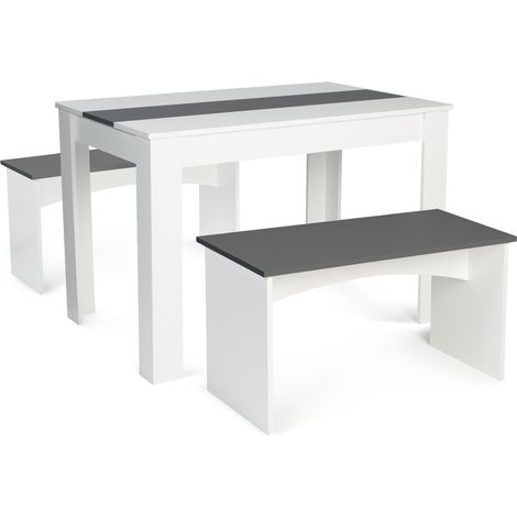 Idmarket – Ensemble table à manger 4 personnes – 2 bancs gris et blanc – Longueur 110 cm – Largeur 70 cm – Hauteur 73 cm – Design contemporain