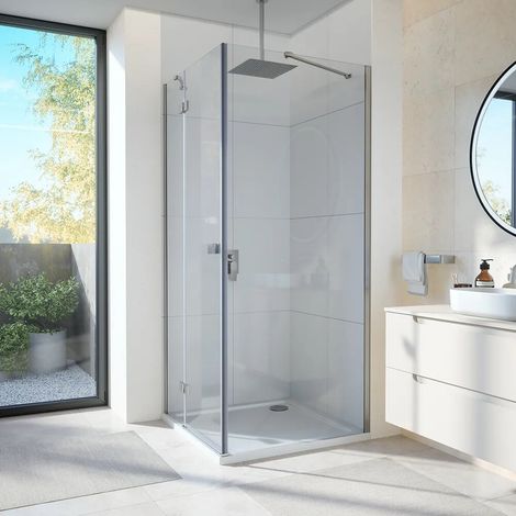 Cabine de douche 70x90 cm avec ouverture battante côté gauche avec charnières et paroi fixe profilés chromés et verre transparent 8 mm h195 Fiji (1/3)