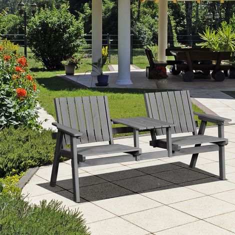 Banc de jardin en bois gris avec accoudoirs, tablette centrale et trou pour parasol (1/5)