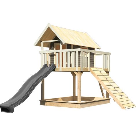 Stelzenhaus Fidel 198x243x333 tgrau m.Rutsche und Holzrampe