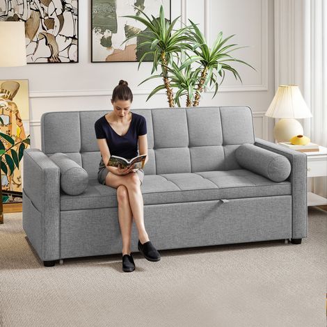 Canapé convertible 2 places 3 en 1 canapé-lit avec gigogne lit double dossier réglable 2 coussins 80.5x137.5x84cm gris