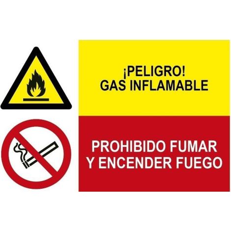 Señal combinada de peligro gas inflamable, prohibido fumar y encender fuego SEKURECO Adhesivo vinilo