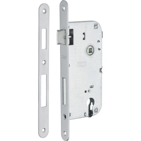 Serrure encastrée à cylindre européen 90 mm x 50 mm, double alimentation, réversible, plaque ronde, rappel 1/2 tour, chrome mat (1/5)