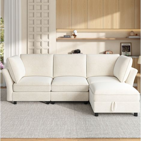 Divano modulare ad angolo 225x137x84 cm, con pouf contenitore, cuscini bracciolo, tessuto chenille beige (1/5)