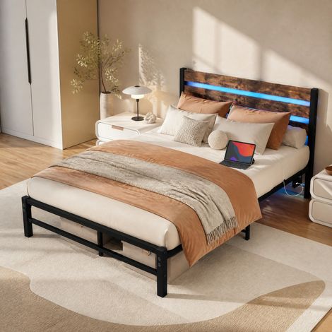 Letto per adulti 120x200 cm, con illuminazione LED RGB e spazio sottoletto, struttura in metallo e MDF, marrone antico, senza materasso (1/5)