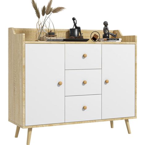Credenza da soggiorno in legno con 3 cassetti e 2 ante a due livelli, mobile moderno e multifunzionale per soggiorno, cucina, sala da pranzo e salotto, 90x32x80 cm, colore bianco e legno.