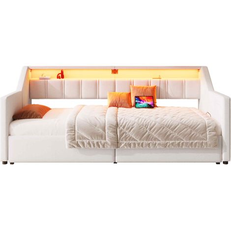 Letto estraibile 90x200 con USB Type-C LED, 2 cassetti e tasche beige - CHICFURN (1/5)