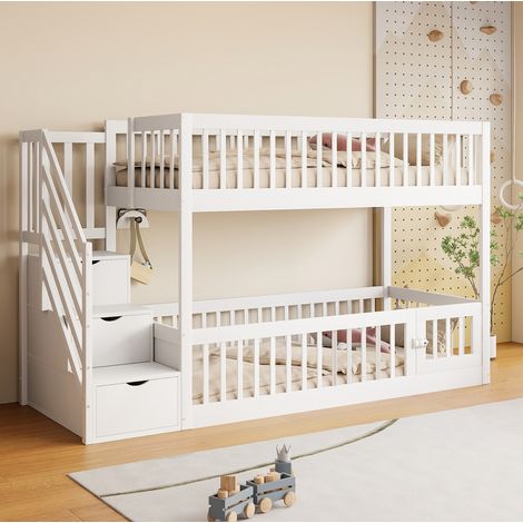 Letto a castello 90x200 cm bianco in legno massello con scala contenitore e sponde (1/5)