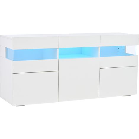 Buffet de salon blanc laqué 140x40,5x66,5 cm avec 3 portes, LED et caisson en acrylique transparent (1/5)
