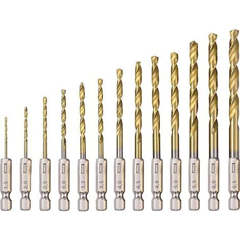Set of 13 high-speed steel twist drill bits with titanium coating – 6.35 mm hex shank – 135° cutting angle for precise drilling - 13 pieces (1/5)
