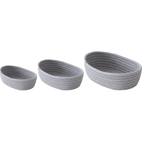 Lot de 3 paniers de rangement ovales de bureau en corde de coton tressée à la main, gris, pour maquillage et en-cas.