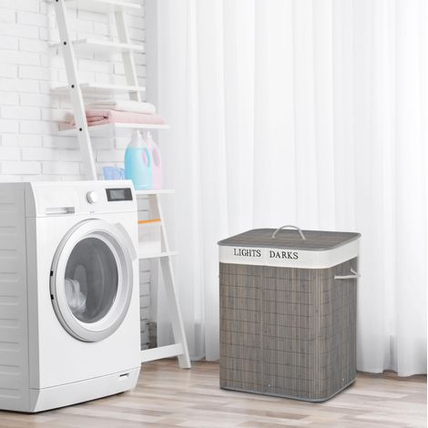 Cesto portabiancheria in bambù grigio 100 L con 2 scomparti, coperchio pieghevole e sacco lavabile (1/5)