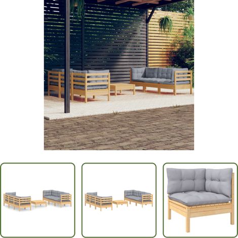 Terrassenmöbel - 7-tlg. Garten-Lounge-Set mit Grauen Kissen Kiefernholz (1/5)