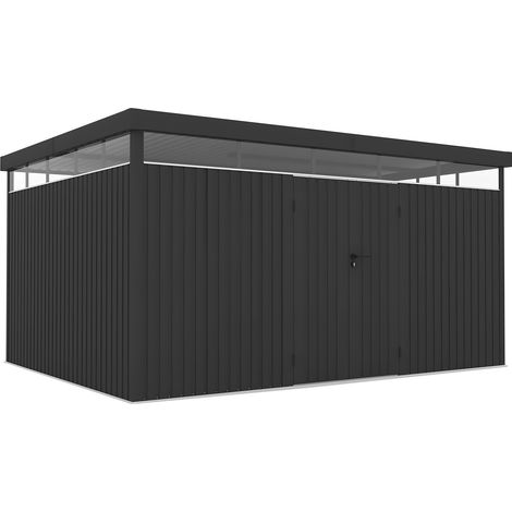 Wasabi - Abri de jardin métal Quartz 12,07m² 307x393x203cm - épaisseur 0,40mm - lampe incluse - serrure à clé - toit plat (1/4)