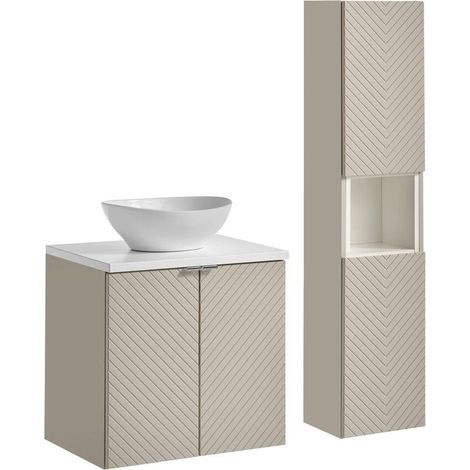 AOKI Set: Unterschrank mit Schränken 60cm + weißes Waschtisch-Plateau + weiße runde Aufsatzwaschbecken + Säule