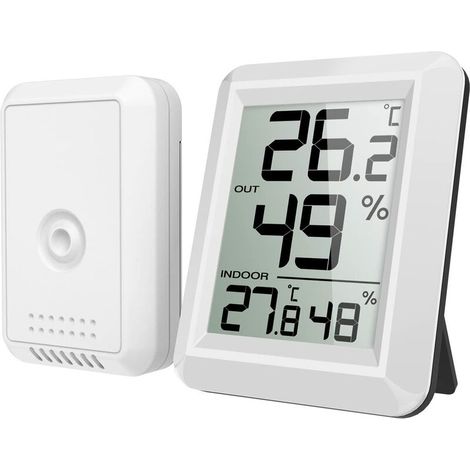 Thermomètre Intérieur et Extérieur, Thermomètre Connecté avec Capteur Extérieure sans Fil, Thermomètre Hygrometre Numérique avec Grand Ecran LCD, Commutateur ℃/℉, pour Bureau, Maison, Chambre(Blanc) (1/5)