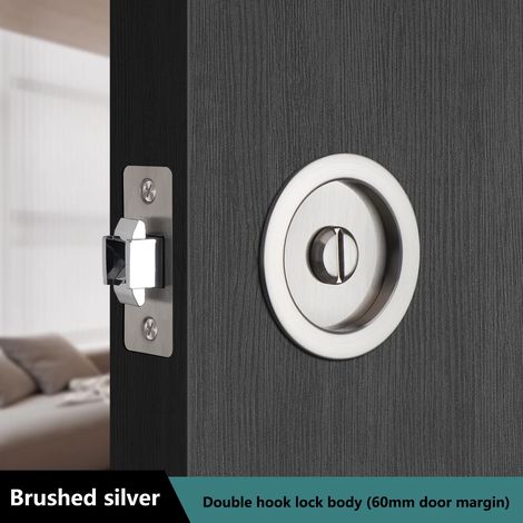 (Argent brossé) Verrou de porte coulissante circulaire, verrou de porte encastré pour salle de bain, verrou de porte suspendu, verrou de porte invisible à poche latérale pour portes de chambre (1/5)