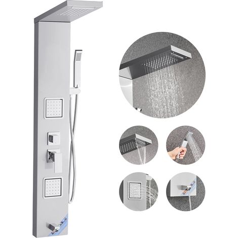 Colonne de douche avec pommeau de douche effet pluie, système de panneau de douchette mural en acier inox brossé, robinet 5 fonctions, avec 2 jets de corps, douchette à main et bec de baignoire (1/5)