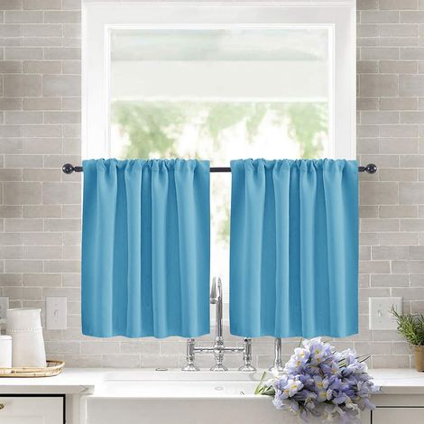 Lot de 2 Rideaux Occultants Cuisine 76x60 cm - Voilage Court Fenêtre en Tissu Haute Précision Uni, Style Champêtre Bleu Ciel-lsw (1/2)
