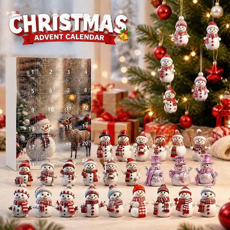 Compte à rebours de Noël de 24 jours, décorations plates en acrylique 2D, pendentifs en forme de chapeau de bonhomme de neige de styles variés, boîte surprise (1/4)
