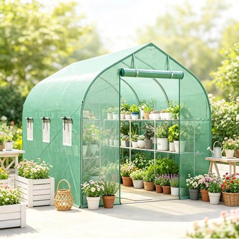 Serra tunnel da giardino con scaffali, porta arrotolabile e 6 finestre 198 x 293 x 194 cm DESVIAE (1/5)