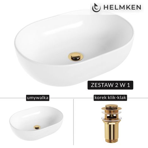 Helmken 83648000 Aufsatzwaschbecken (48x34) Weiß + Gold Klick-Klack-Verschluss (1/5)