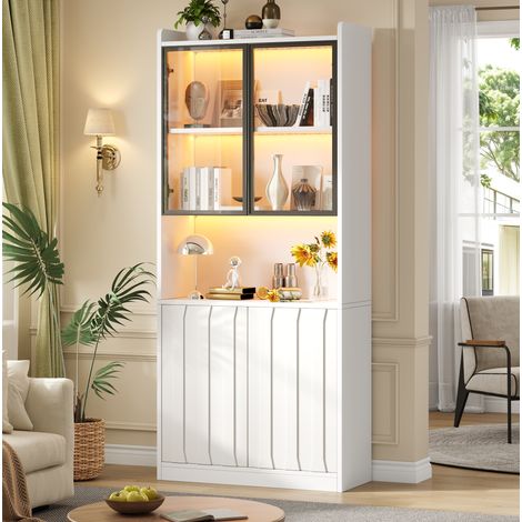 Vitrina LED 80 x 35 x 200 cm, 4 puertas, vidrio templado, estantes regulables, blanca DESVIAE (1/5)
