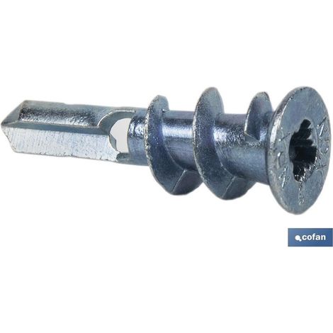 Cheville en zamak 13x37 mm pour plaques de plâtre, charge maximale 8 mm d'épaisseur.