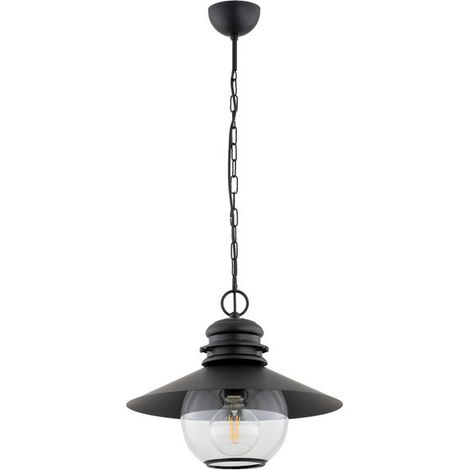 Alfa HOLLY Vintage Black Metal Pendant Ceiling Light with Clear Glass Globe, 1x E27 (max 15W), Dimmable, 40cm Shade, 90cm Drop for Kitchen Dining Living Room