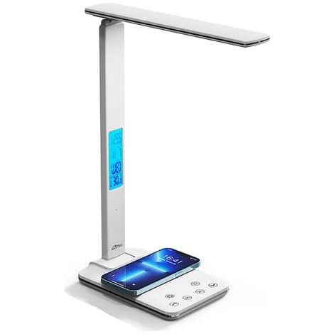 Lampe de bureau pliable - Lampe de lecture/d'étude - Avec chargeur de téléphone sans fil et fonction horloge - Alimentation secteur - Affichage numérique - Luminosité réglable... (1/5)