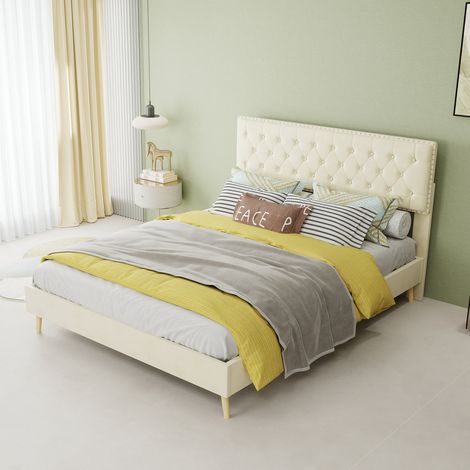 Cama 140x200 cm beige de tela y metal con cabecero de terciopelo y espacio de almacenamiento (1/5)