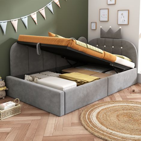 Lit banquette canapé-lit 90x190 cm avec rangement hydraulique, lit d'appoint L-forme design grille couronne, velours, sans matelas, gris