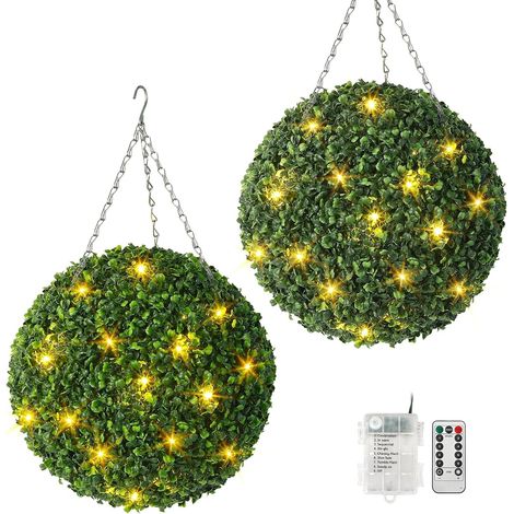 Lot de 2 boules de buis artificielles - 40 cm - 30 LED - Avec 8 modes - Fonctionne avec piles et télécommande - Utilisation pour balcon, jardin, mariage et décoration de la maison - 40 cm (1/5)