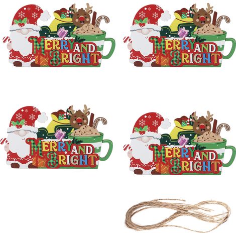 4 pièces décorations de Noël en bois coloré réutilisables panneaux décoratifs pour sapin porte (1/5)
