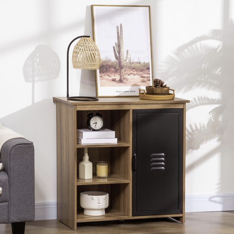 Industrielles Sideboard – Freistehendes Aufbewahrungsmöbel mit 3 Regalböden – Holz und schwarze Metalltür