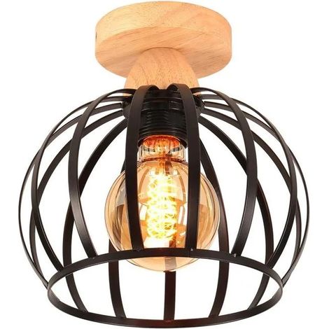 Plafonnier - - Vintage - Métal et Bois - 20cm - E27 - Noir (1/5)